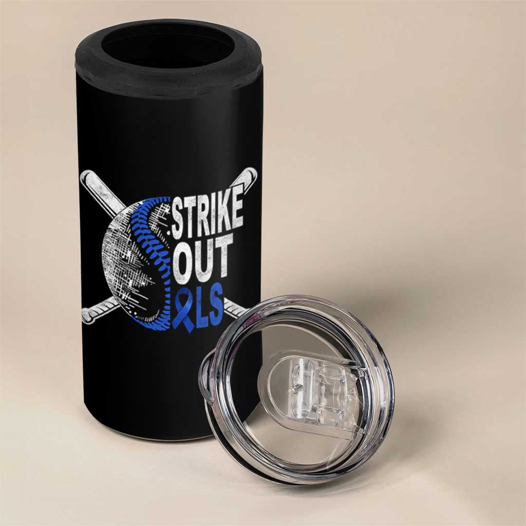 ALS Awareness 4 in 1 Can Cooler Tumbler Blue Ribbon Baseball Strike Out ALS Support