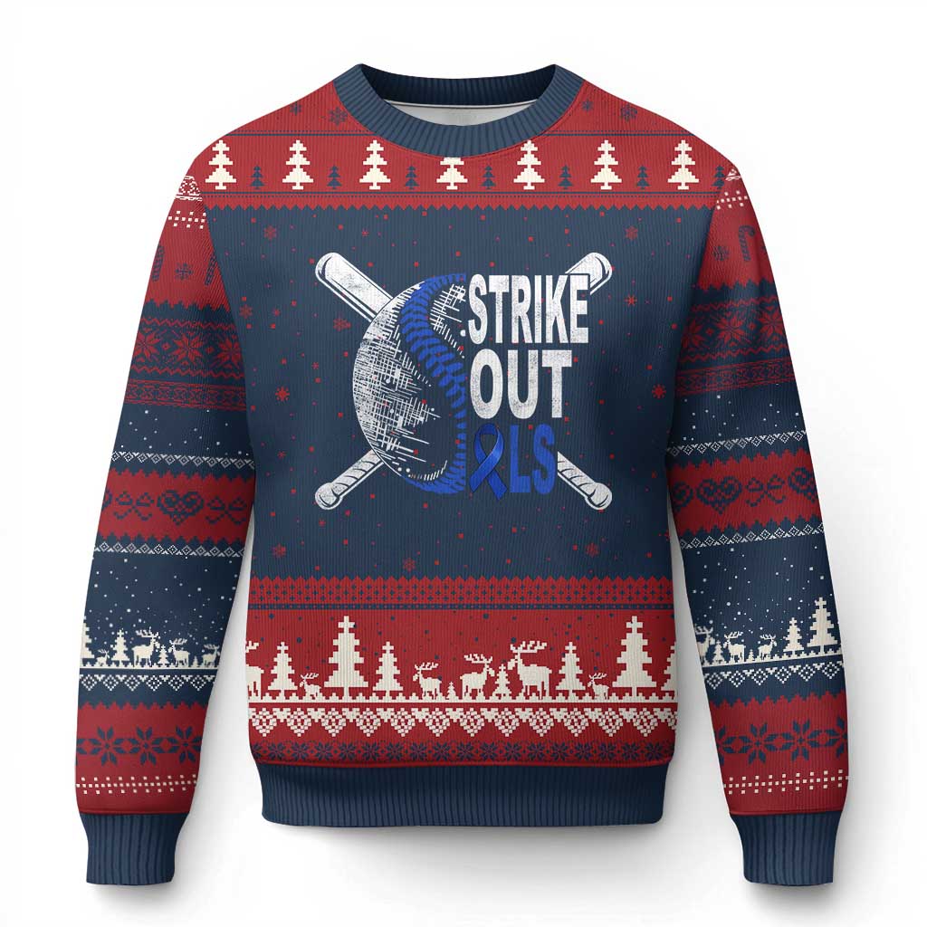 ALS Awareness Ugly Christmas Sweater Blue Ribbon Baseball Strike Out ALS Support