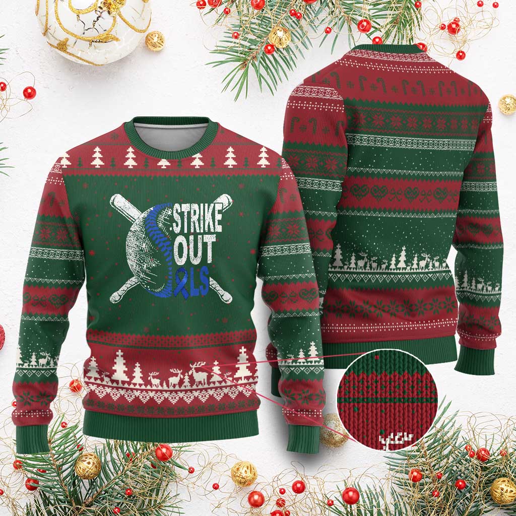 ALS Awareness Ugly Christmas Sweater Blue Ribbon Baseball Strike Out ALS Support