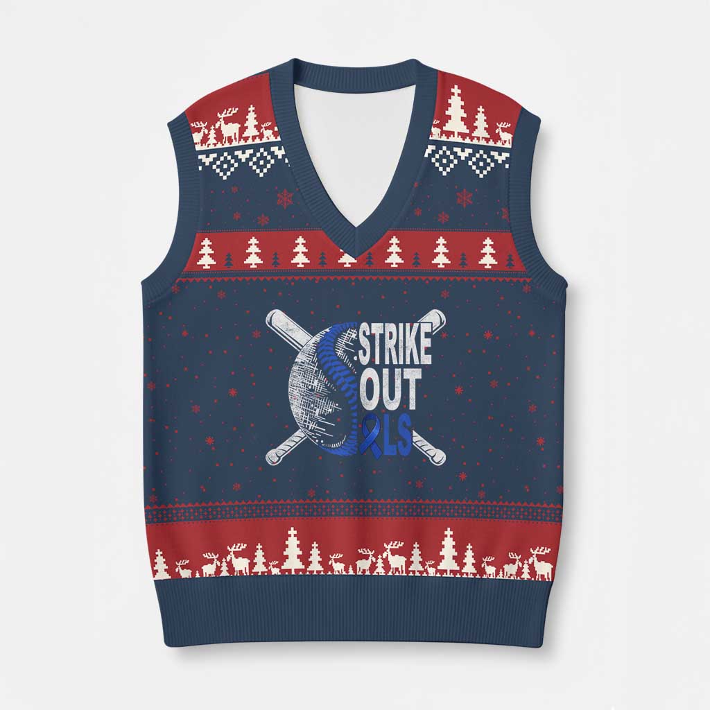 ALS Awareness V-Neck Knit Sweater Vest Blue Ribbon Baseball Strike Out ALS Support