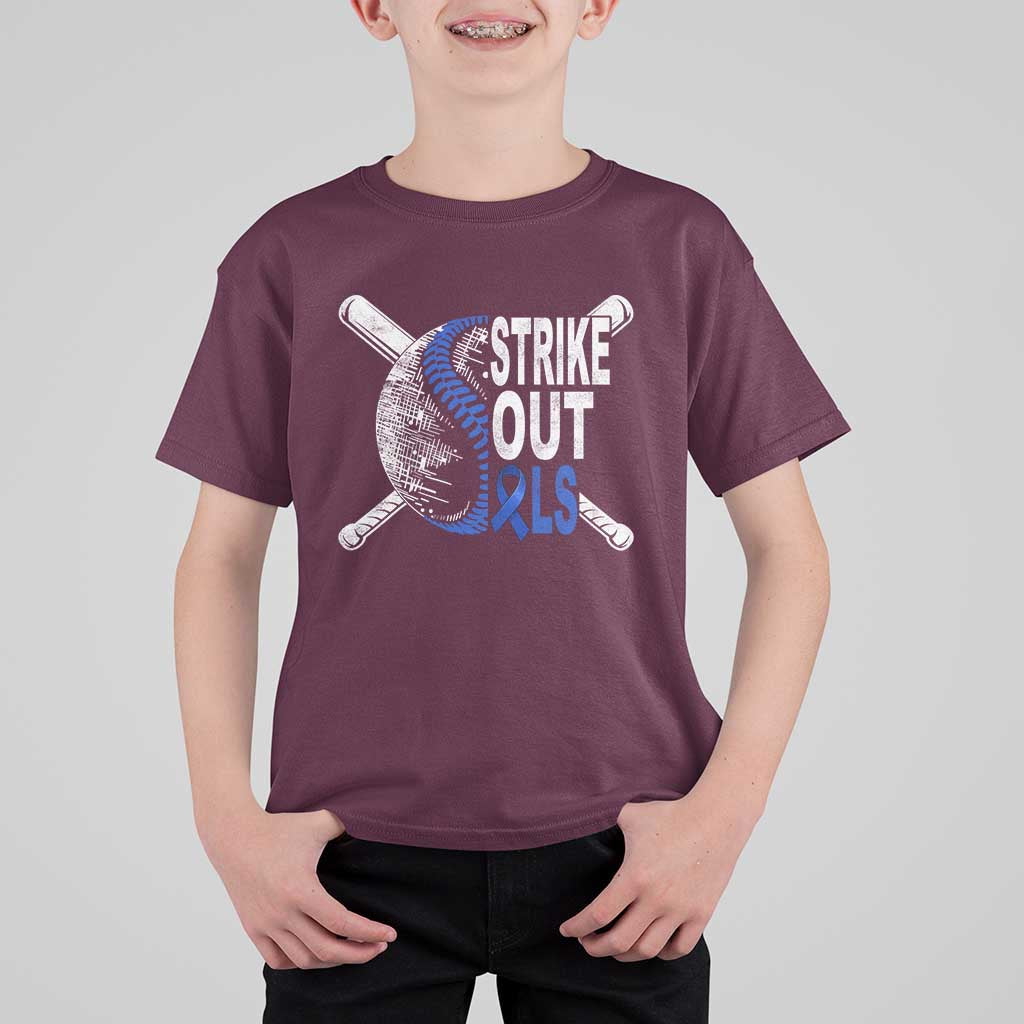 ALS Awareness T Shirt For Kid Blue Ribbon Baseball Strike Out ALS Support