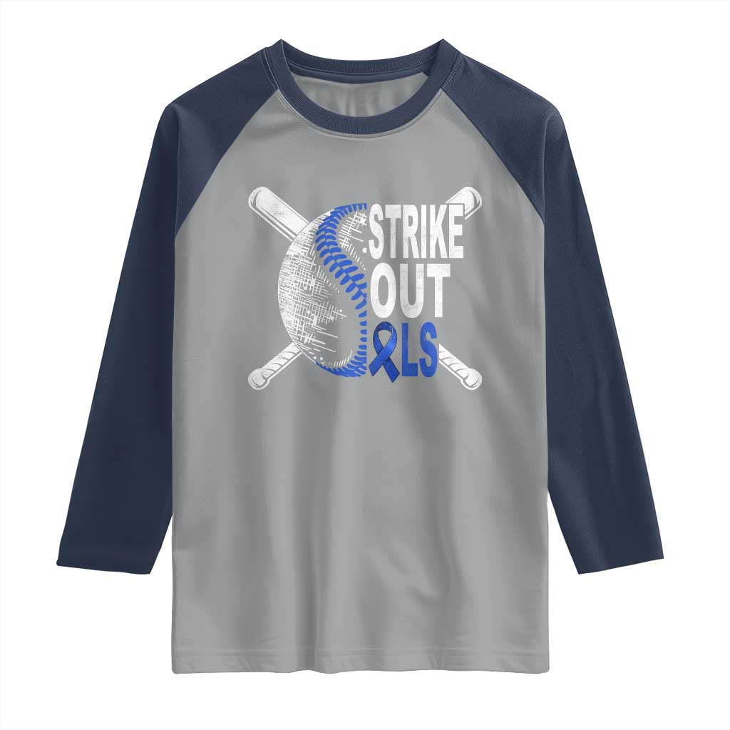 ALS Awareness Raglan Shirt Blue Ribbon Baseball Strike Out ALS Support