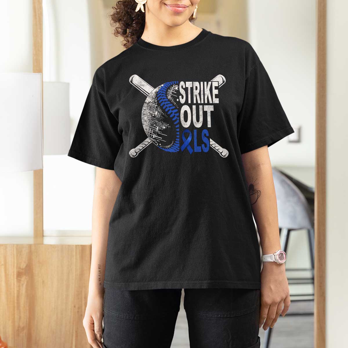 ALS Awareness T Shirt For Women Blue Ribbon Baseball Strike Out ALS Support