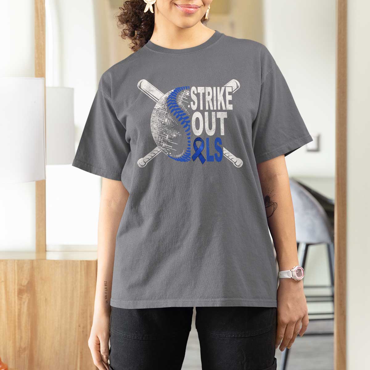 ALS Awareness T Shirt For Women Blue Ribbon Baseball Strike Out ALS Support