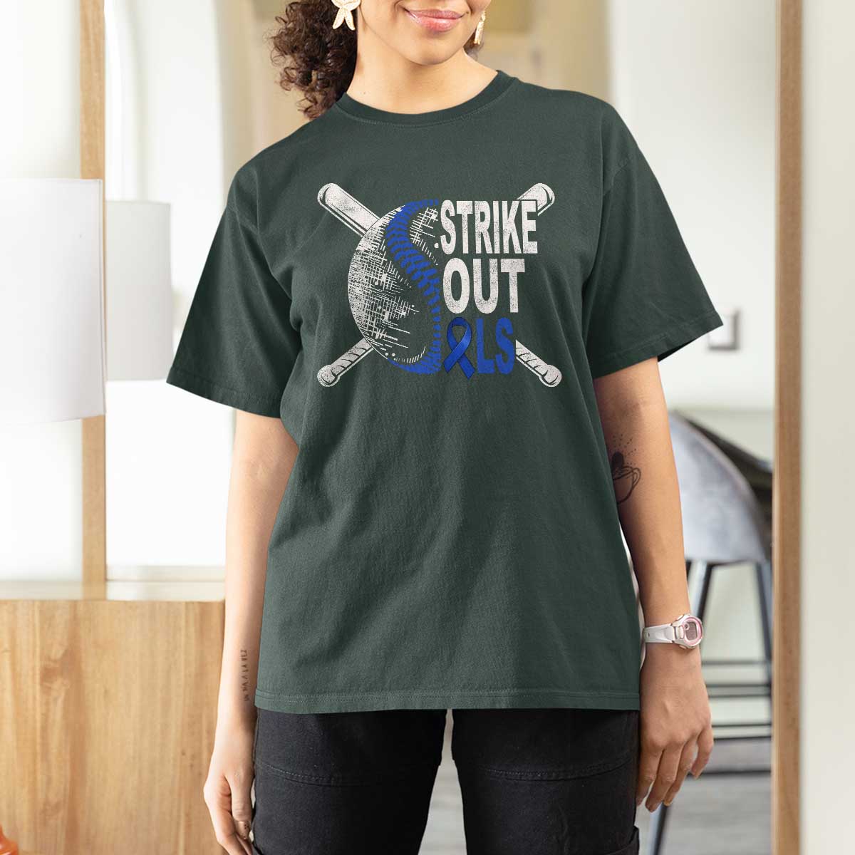 ALS Awareness T Shirt For Women Blue Ribbon Baseball Strike Out ALS Support