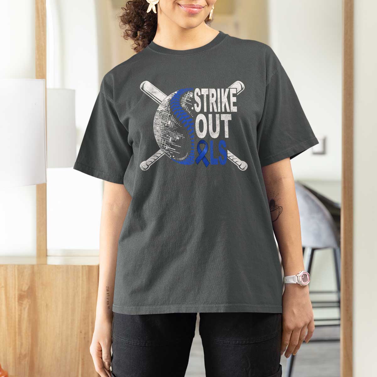 ALS Awareness T Shirt For Women Blue Ribbon Baseball Strike Out ALS Support