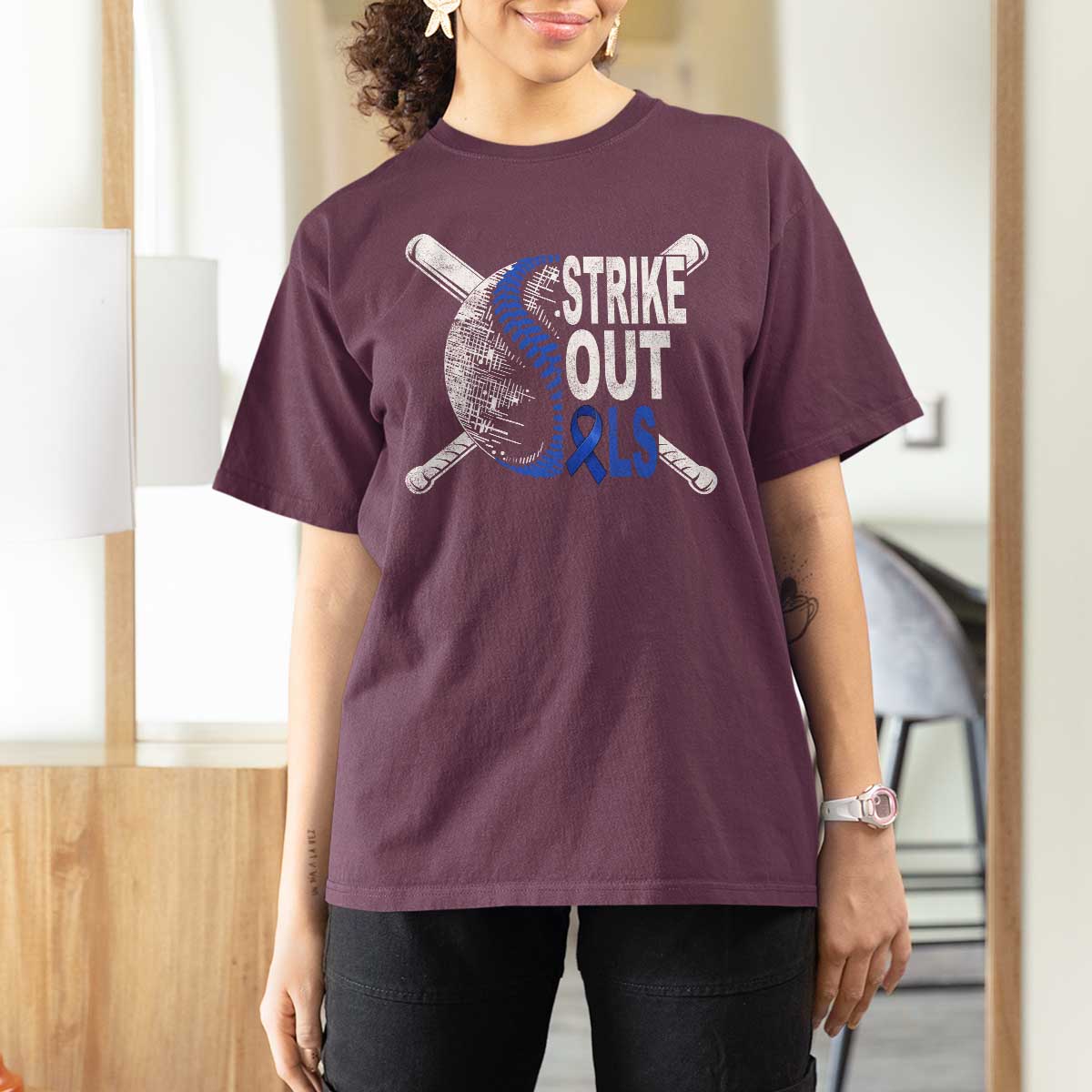 ALS Awareness T Shirt For Women Blue Ribbon Baseball Strike Out ALS Support