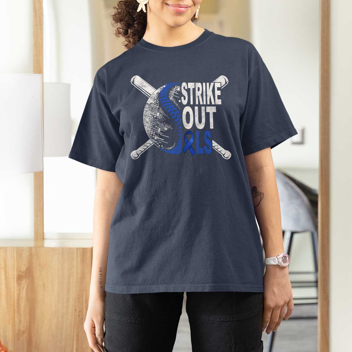 ALS Awareness T Shirt For Women Blue Ribbon Baseball Strike Out ALS Support