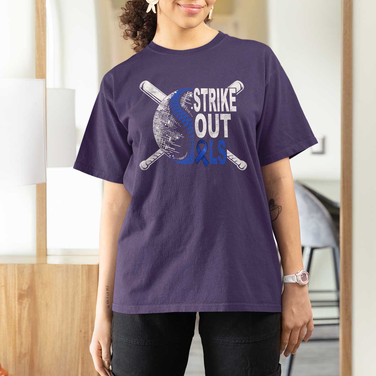 ALS Awareness T Shirt For Women Blue Ribbon Baseball Strike Out ALS Support