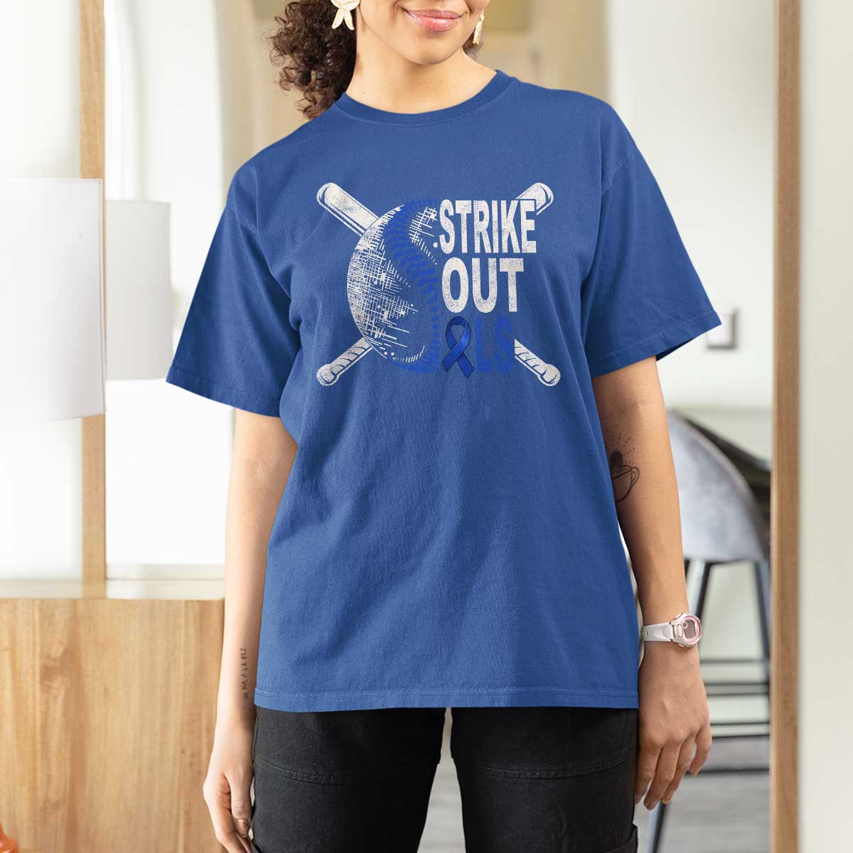 ALS Awareness T Shirt For Women Blue Ribbon Baseball Strike Out ALS Support