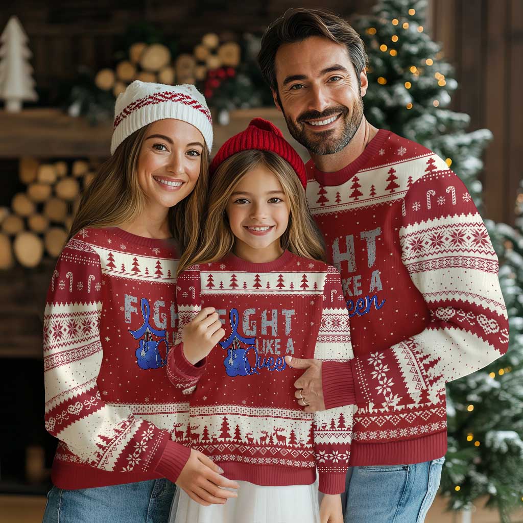 Fight Like A Queen Ugly Christmas Sweater Blue Ribbon Colon Cancer Awareness