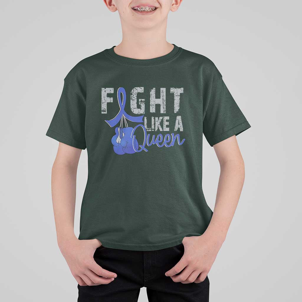 Fight Like A Queen T Shirt For Kid Blue Ribbon Colon Cancer Awareness