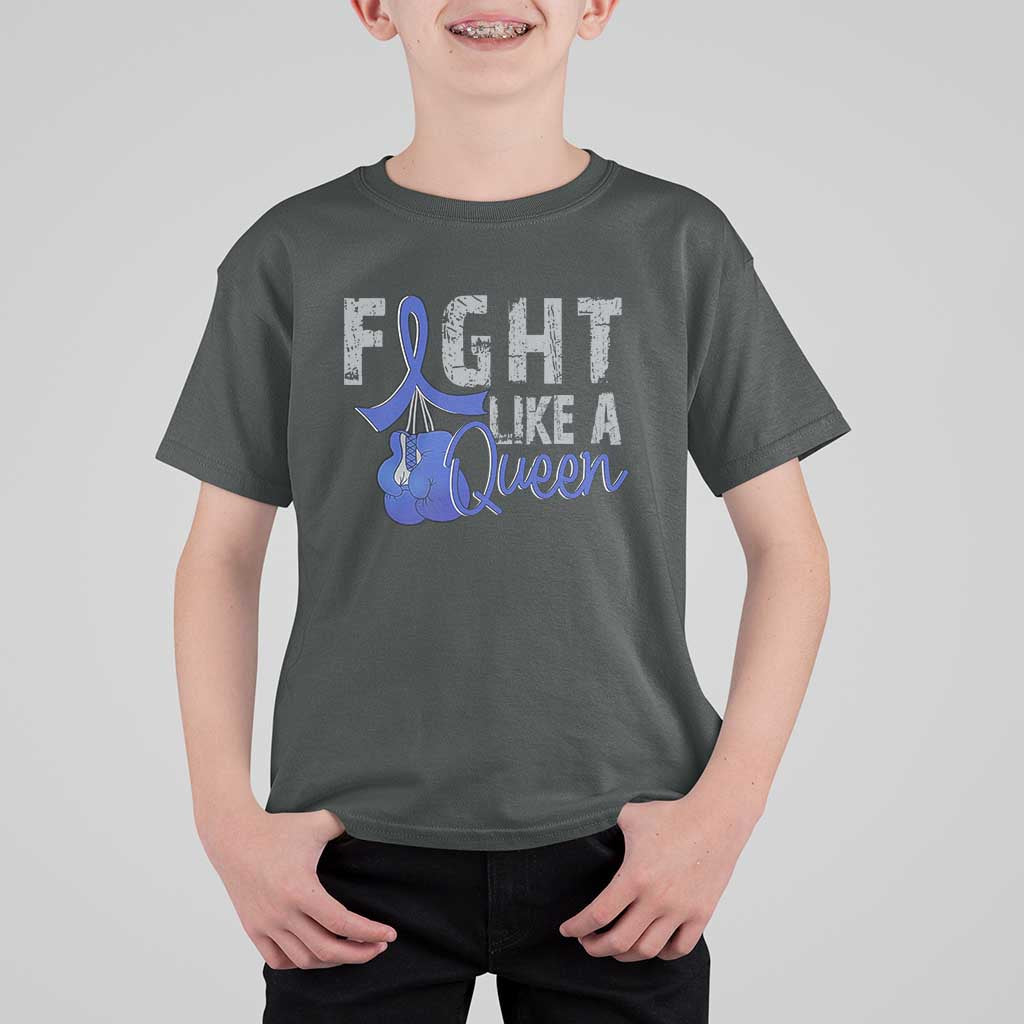 Fight Like A Queen T Shirt For Kid Blue Ribbon Colon Cancer Awareness