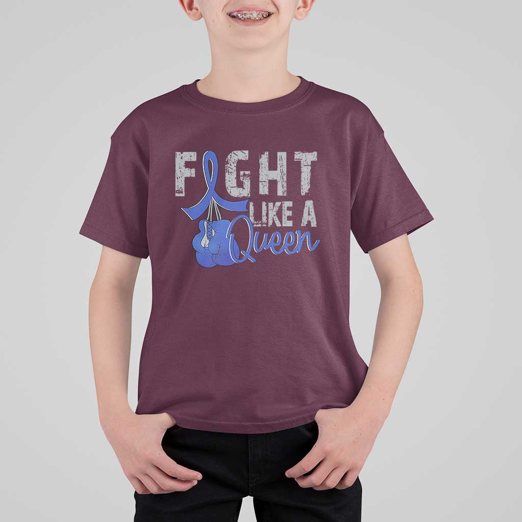 Fight Like A Queen T Shirt For Kid Blue Ribbon Colon Cancer Awareness