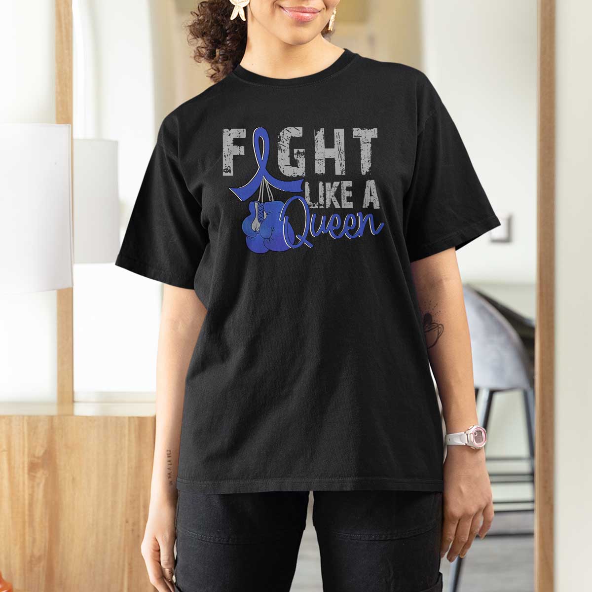 Fight Like A Queen T Shirt For Women Blue Ribbon Colon Cancer Awareness