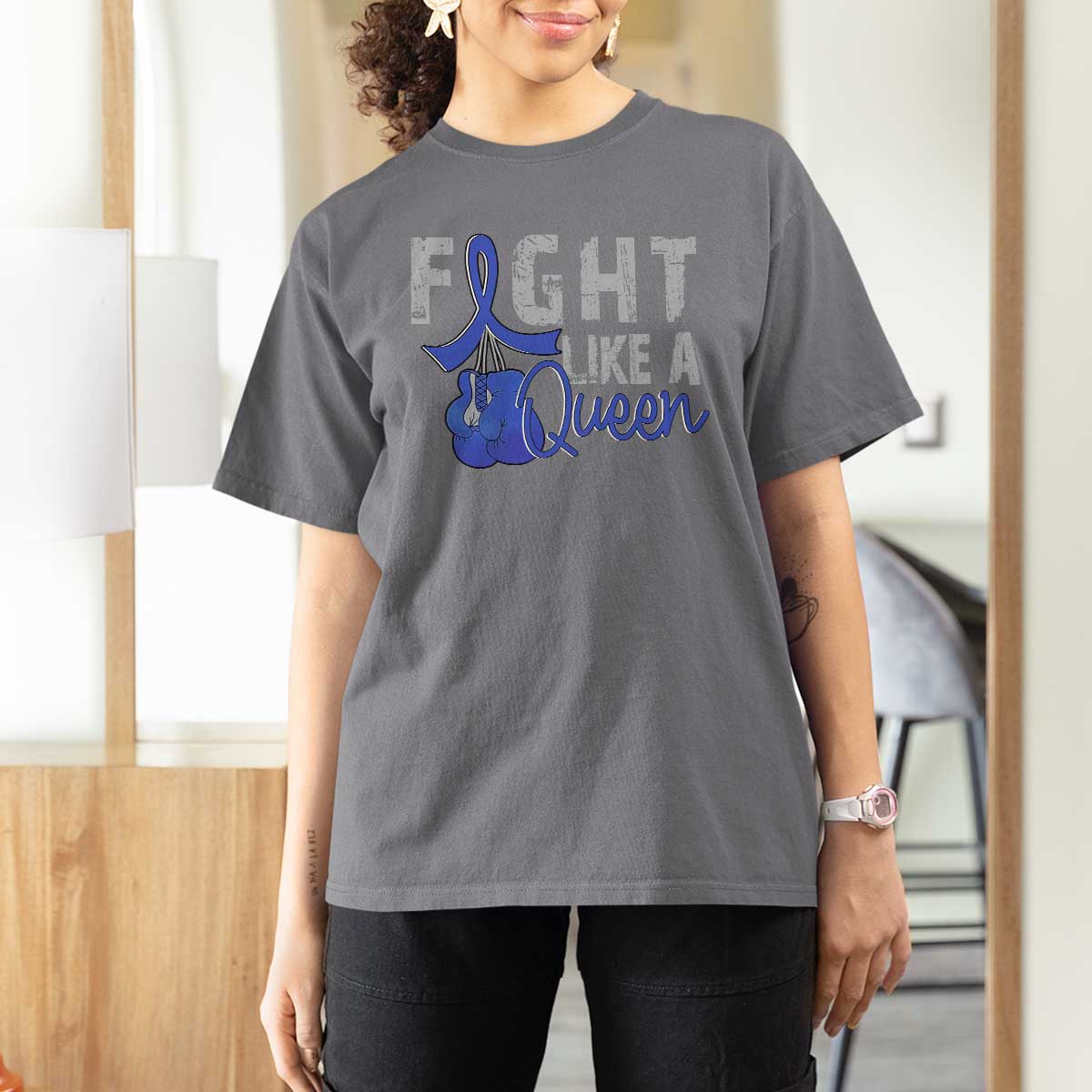Fight Like A Queen T Shirt For Women Blue Ribbon Colon Cancer Awareness