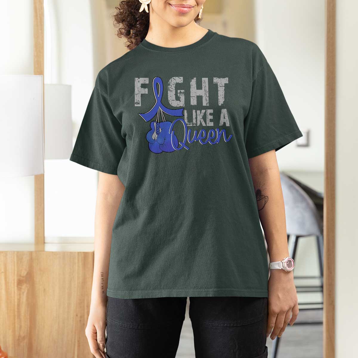 Fight Like A Queen T Shirt For Women Blue Ribbon Colon Cancer Awareness