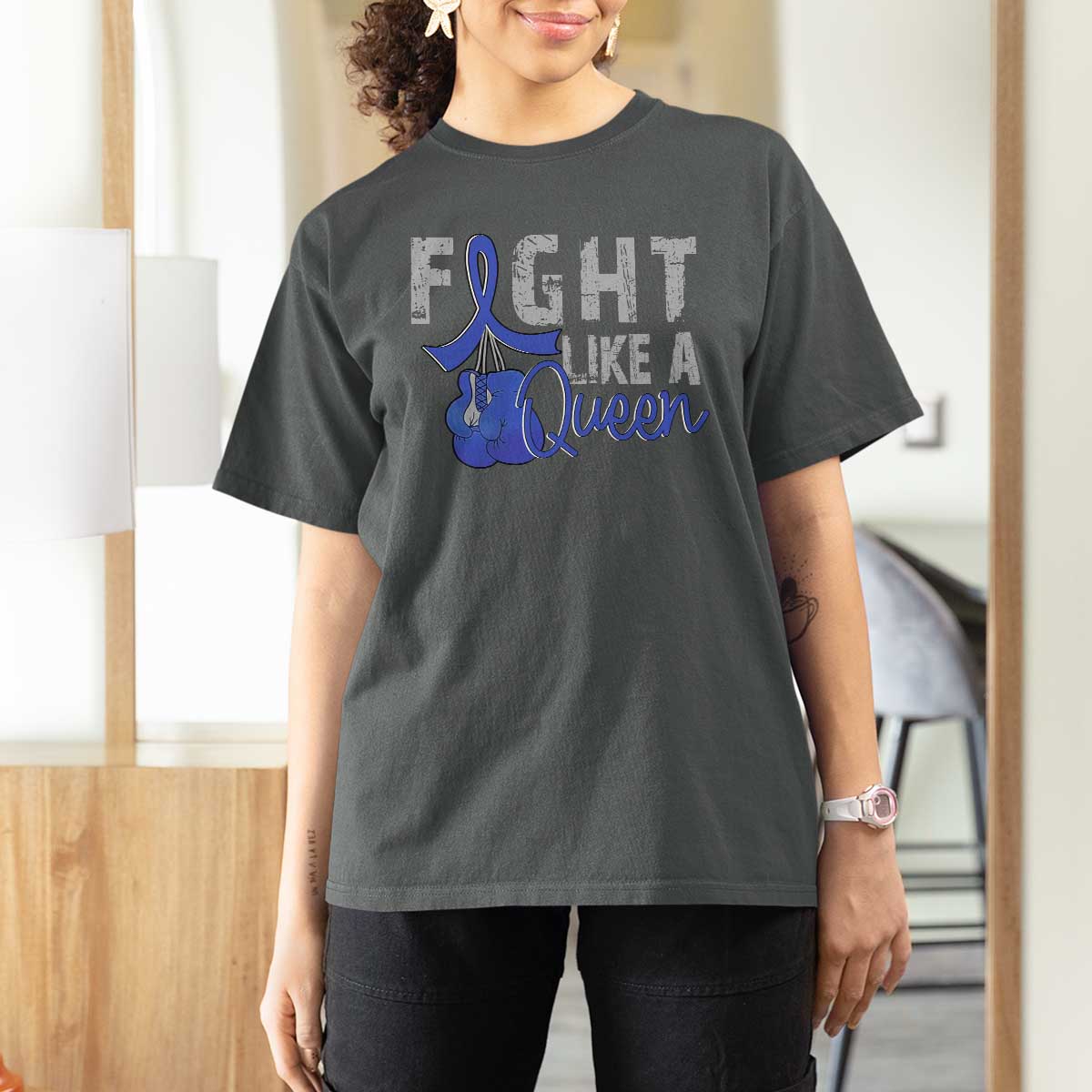 Fight Like A Queen T Shirt For Women Blue Ribbon Colon Cancer Awareness