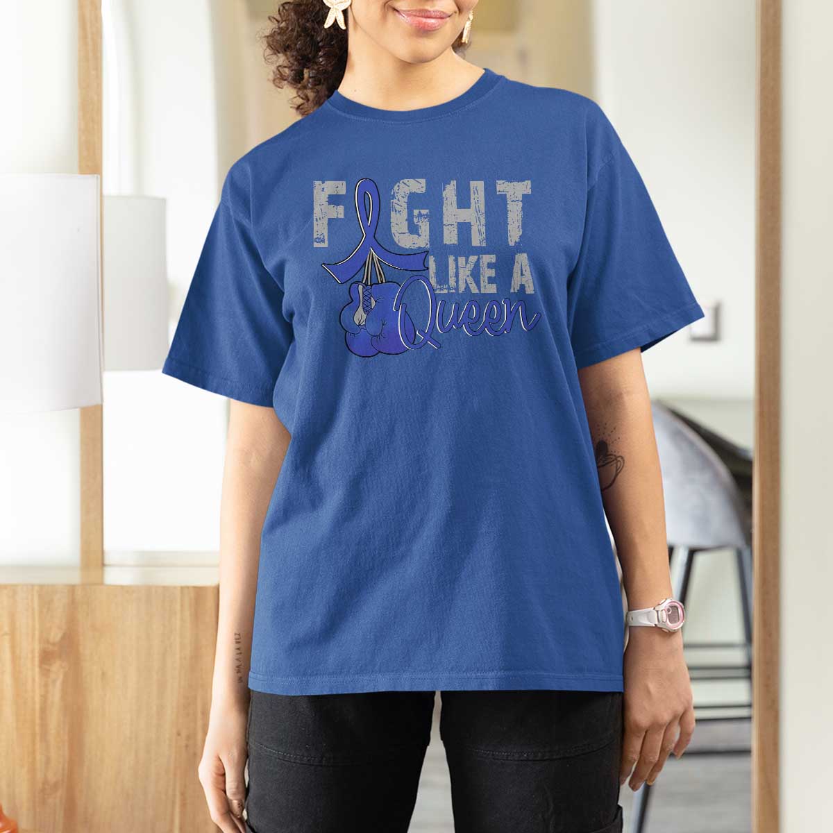 Fight Like A Queen T Shirt For Women Blue Ribbon Colon Cancer Awareness