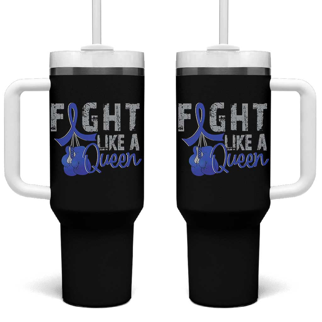 Fight Like A Queen Tumbler With Handle Blue Ribbon Colon Cancer Awareness