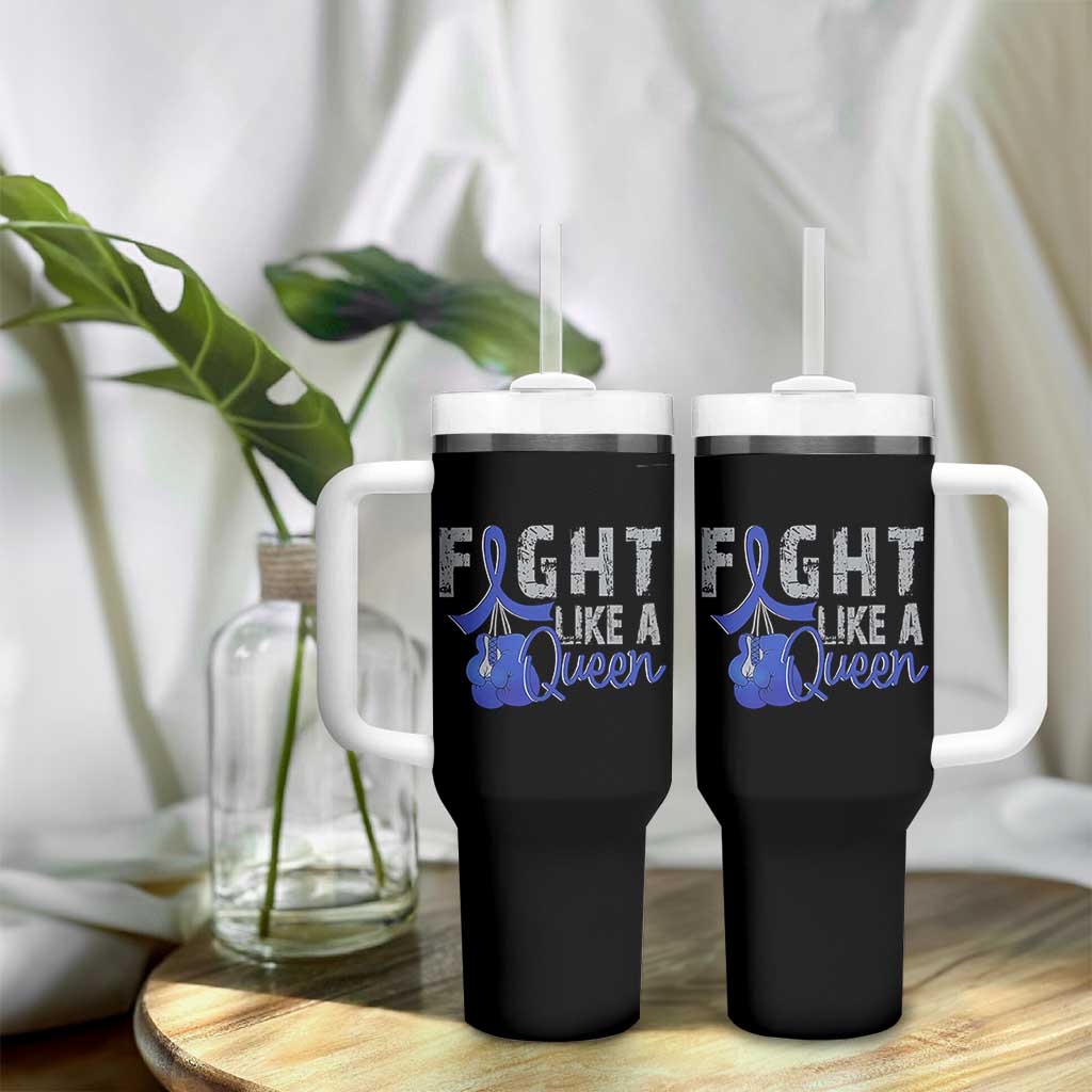 Fight Like A Queen Tumbler With Handle Blue Ribbon Colon Cancer Awareness