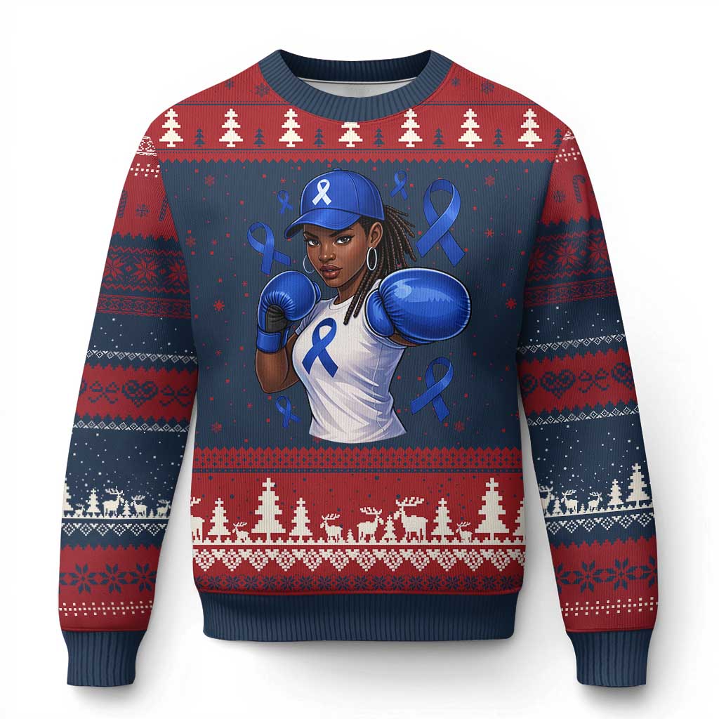 Black Women Fight Colon Cancer Blue Ribbon Ugly Christmas Sweater African American Girls