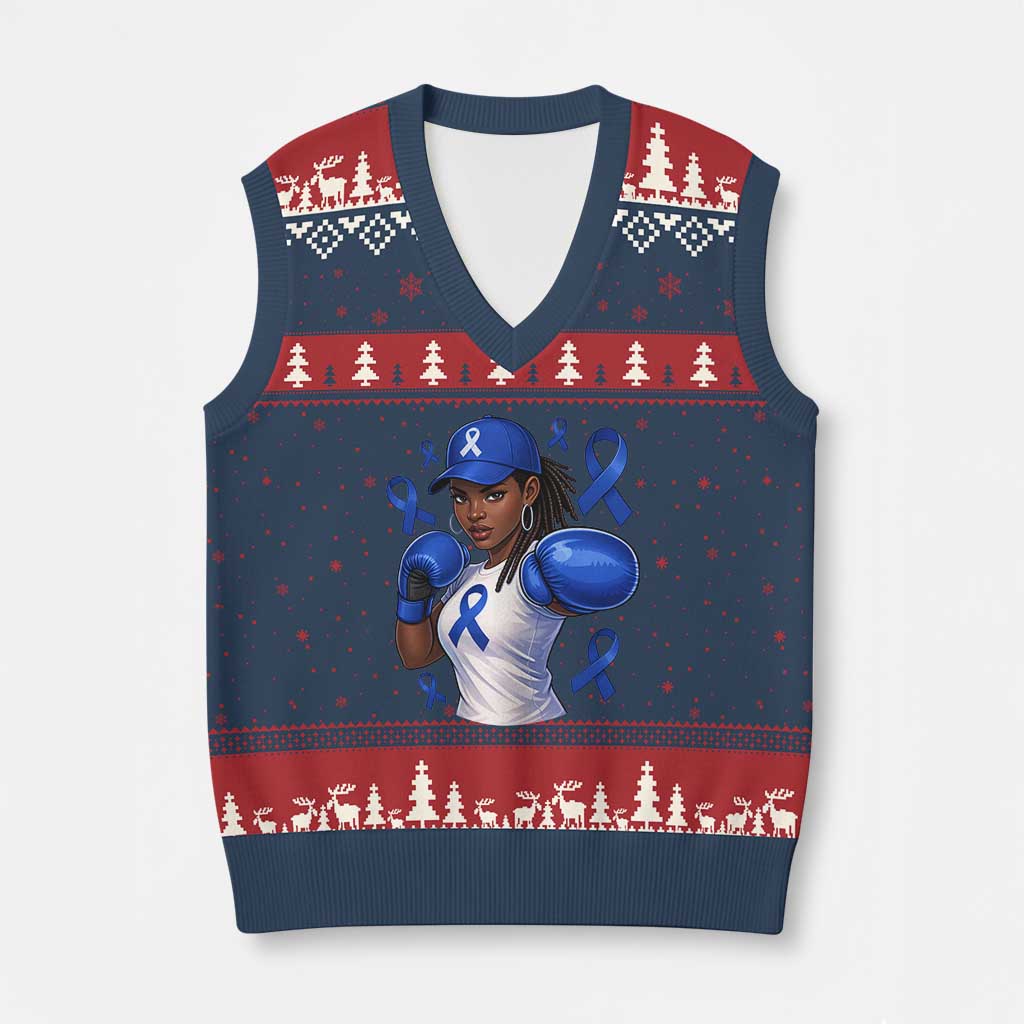 Black Women Fight Colon Cancer Blue Ribbon V-Neck Knit Sweater Vest African American Girls