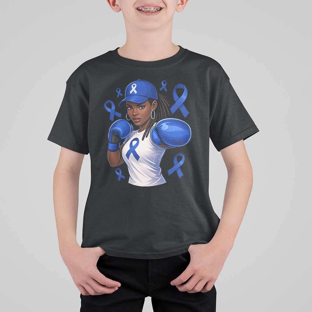 Black Women Fight Colon Cancer Blue Ribbon T Shirt For Kid African American Girls