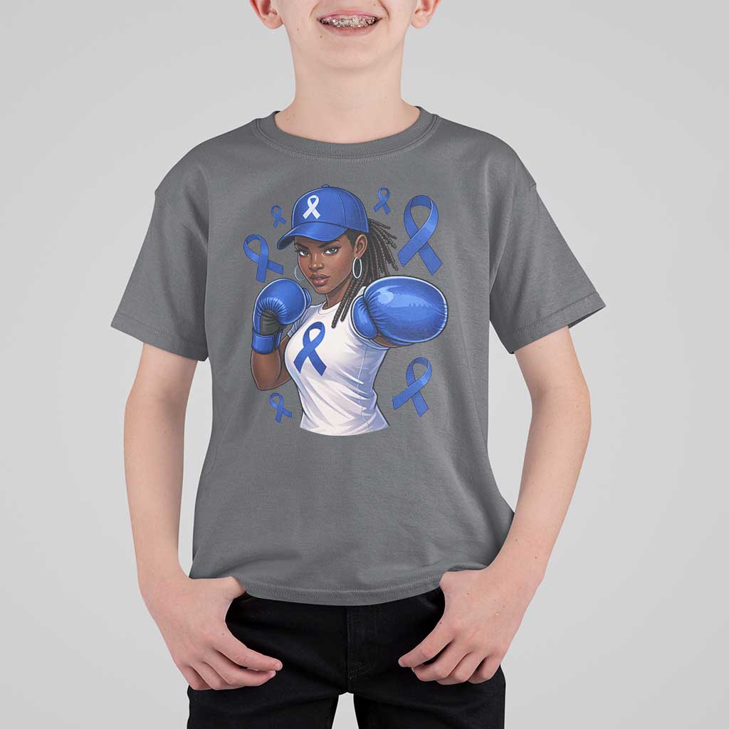 Black Women Fight Colon Cancer Blue Ribbon T Shirt For Kid African American Girls