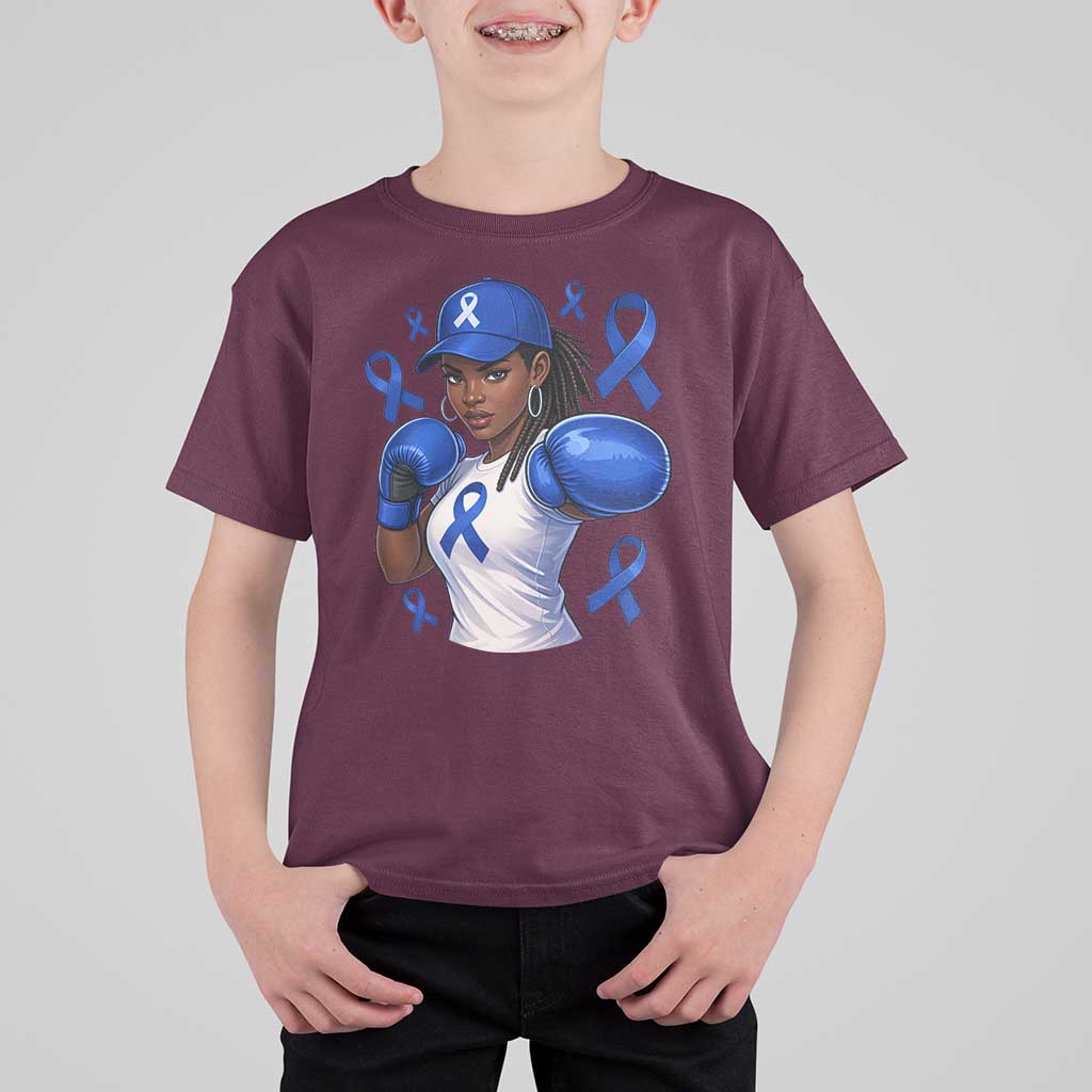 Black Women Fight Colon Cancer Blue Ribbon T Shirt For Kid African American Girls