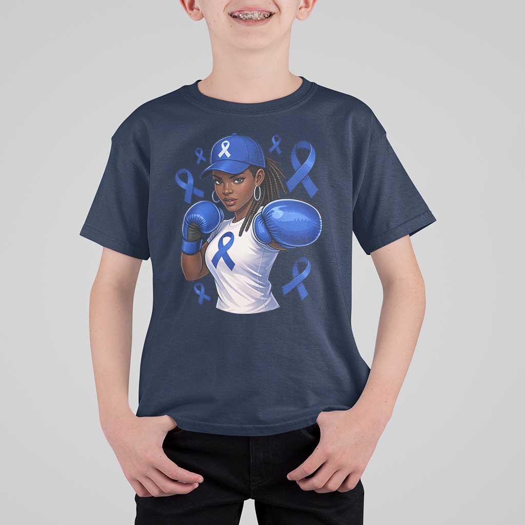 Black Women Fight Colon Cancer Blue Ribbon T Shirt For Kid African American Girls