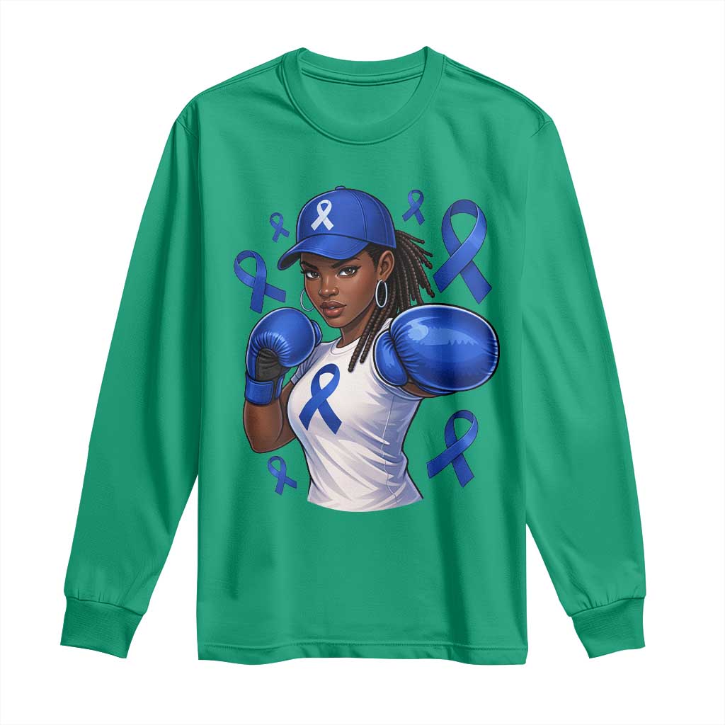 Black Women Fight Colon Cancer Blue Ribbon Long Sleeve Shirt African American Girls