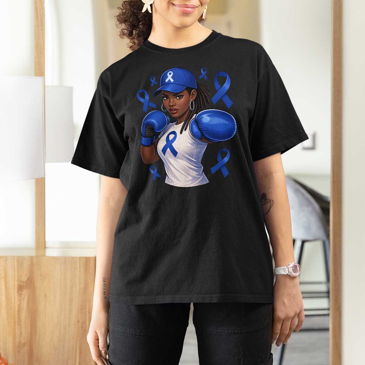 Black Women Fight Colon Cancer Blue Ribbon T Shirt For Women African American Girls