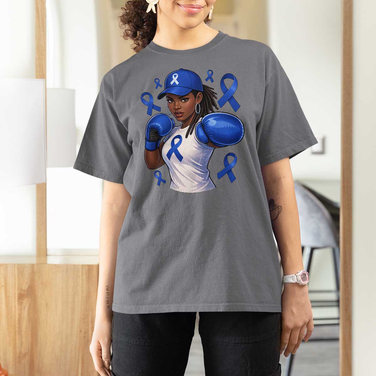 Black Women Fight Colon Cancer Blue Ribbon T Shirt For Women African American Girls