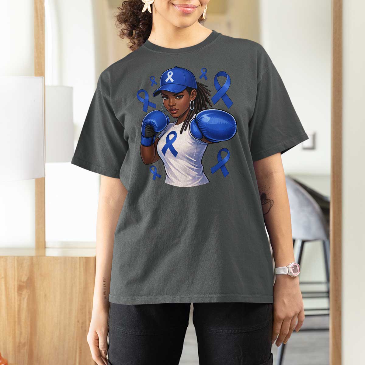 Black Women Fight Colon Cancer Blue Ribbon T Shirt For Women African American Girls