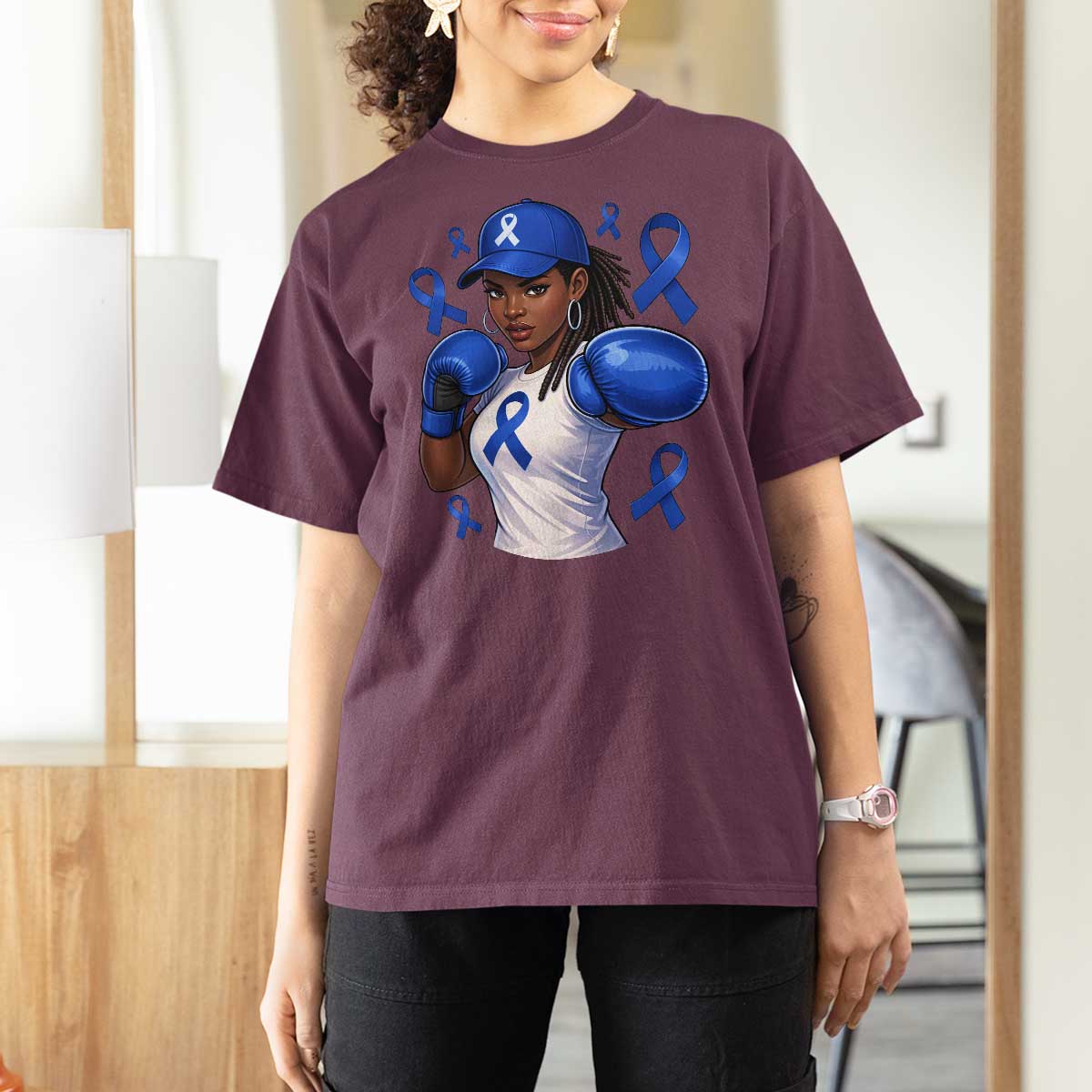 Black Women Fight Colon Cancer Blue Ribbon T Shirt For Women African American Girls