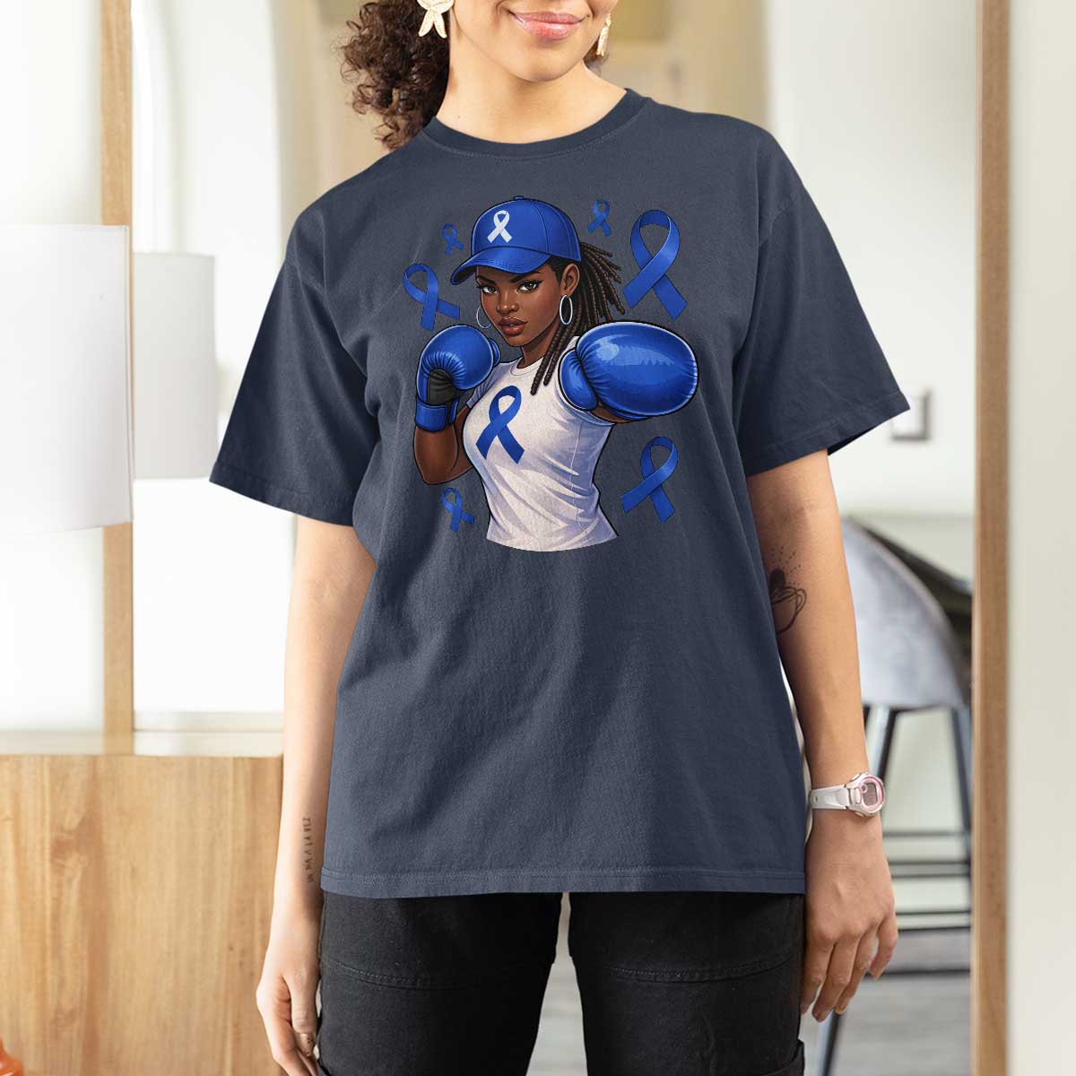 Black Women Fight Colon Cancer Blue Ribbon T Shirt For Women African American Girls