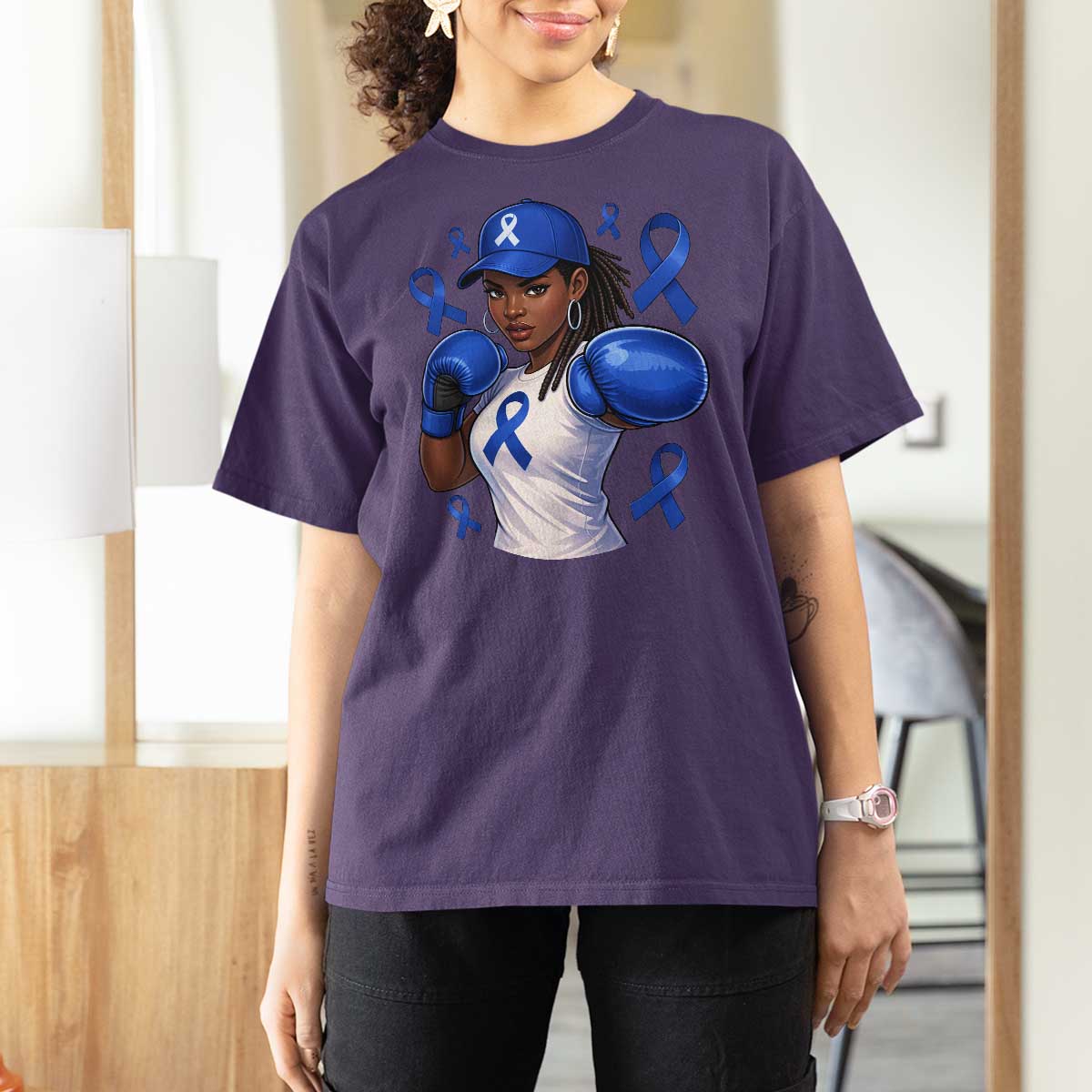Black Women Fight Colon Cancer Blue Ribbon T Shirt For Women African American Girls