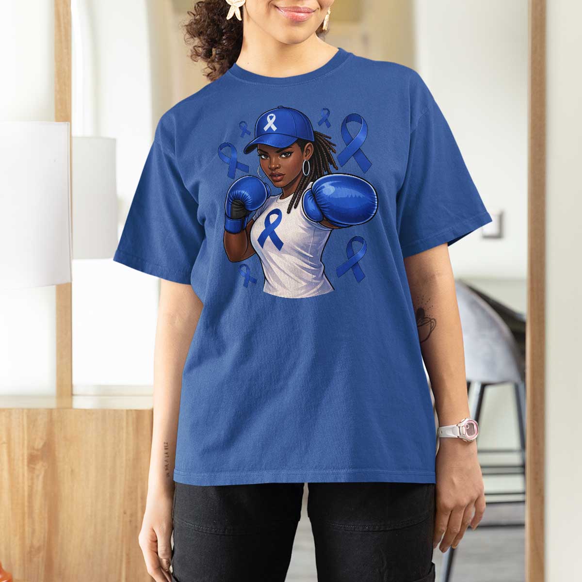 Black Women Fight Colon Cancer Blue Ribbon T Shirt For Women African American Girls