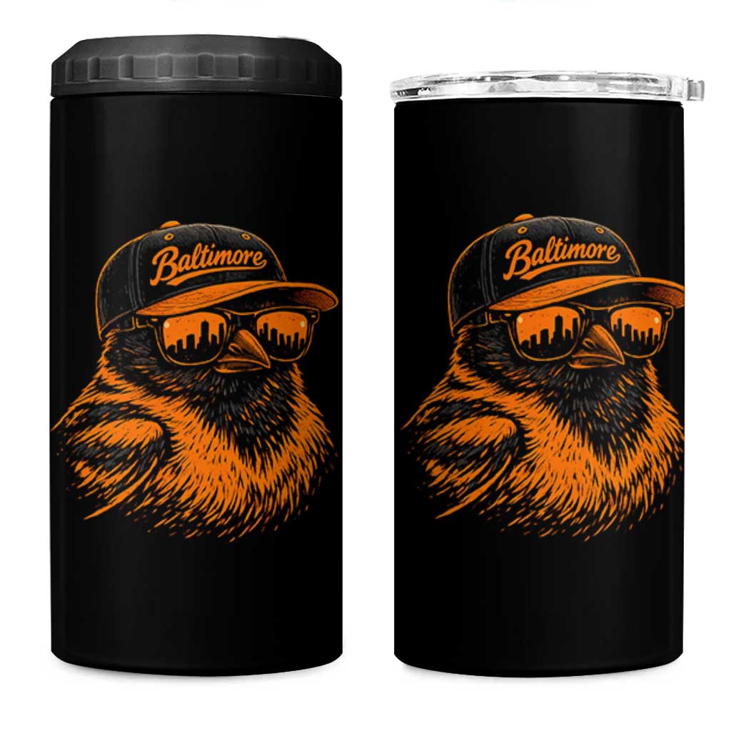 Retro Baltimore 4 in 1 Can Cooler Tumbler City Pride Oriole With Sunglasses
