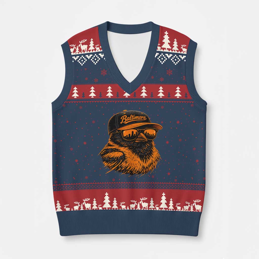 Retro Baltimore V-Neck Knit Sweater Vest City Pride Oriole With Sunglasses