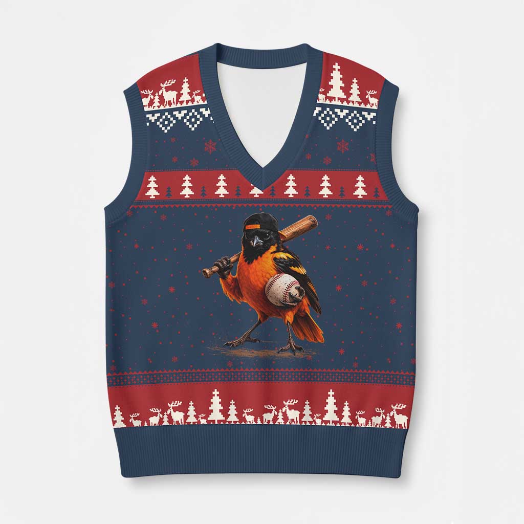 Oriole Baseball Player V-Neck Knit Sweater Vest Retro Funny Bird Mascot Baseball Fans