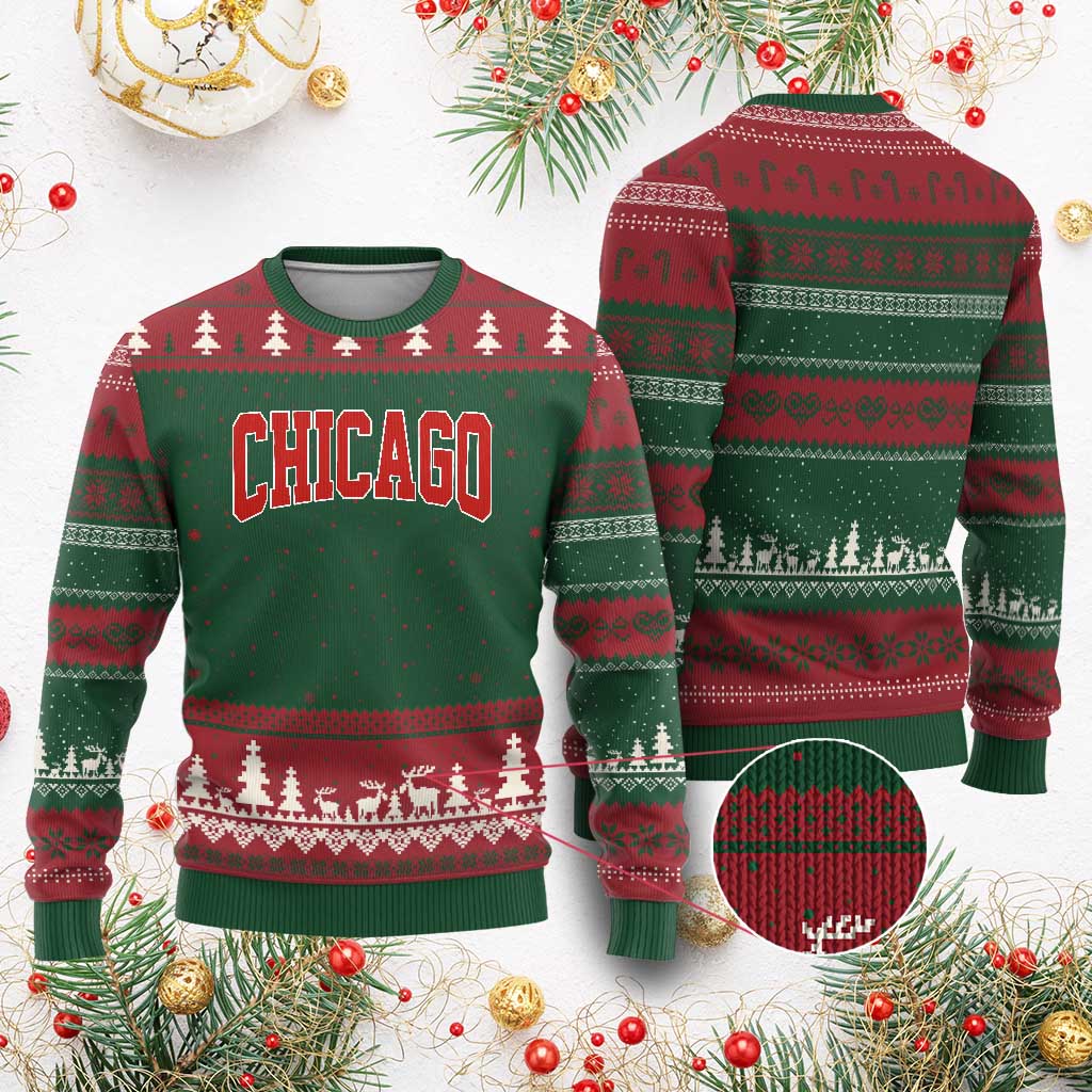 Retro Chicago Ugly Christmas Sweater Vintage Chicago Throwback Athletic Sports Style 80s 90s