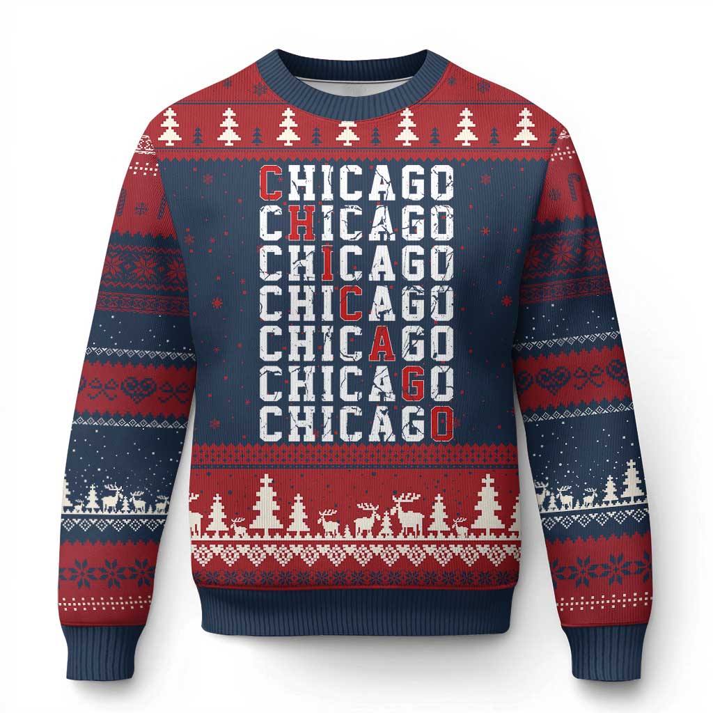 Vintage Chicago Ugly Christmas Sweater Retro Distressed Classic Chicago