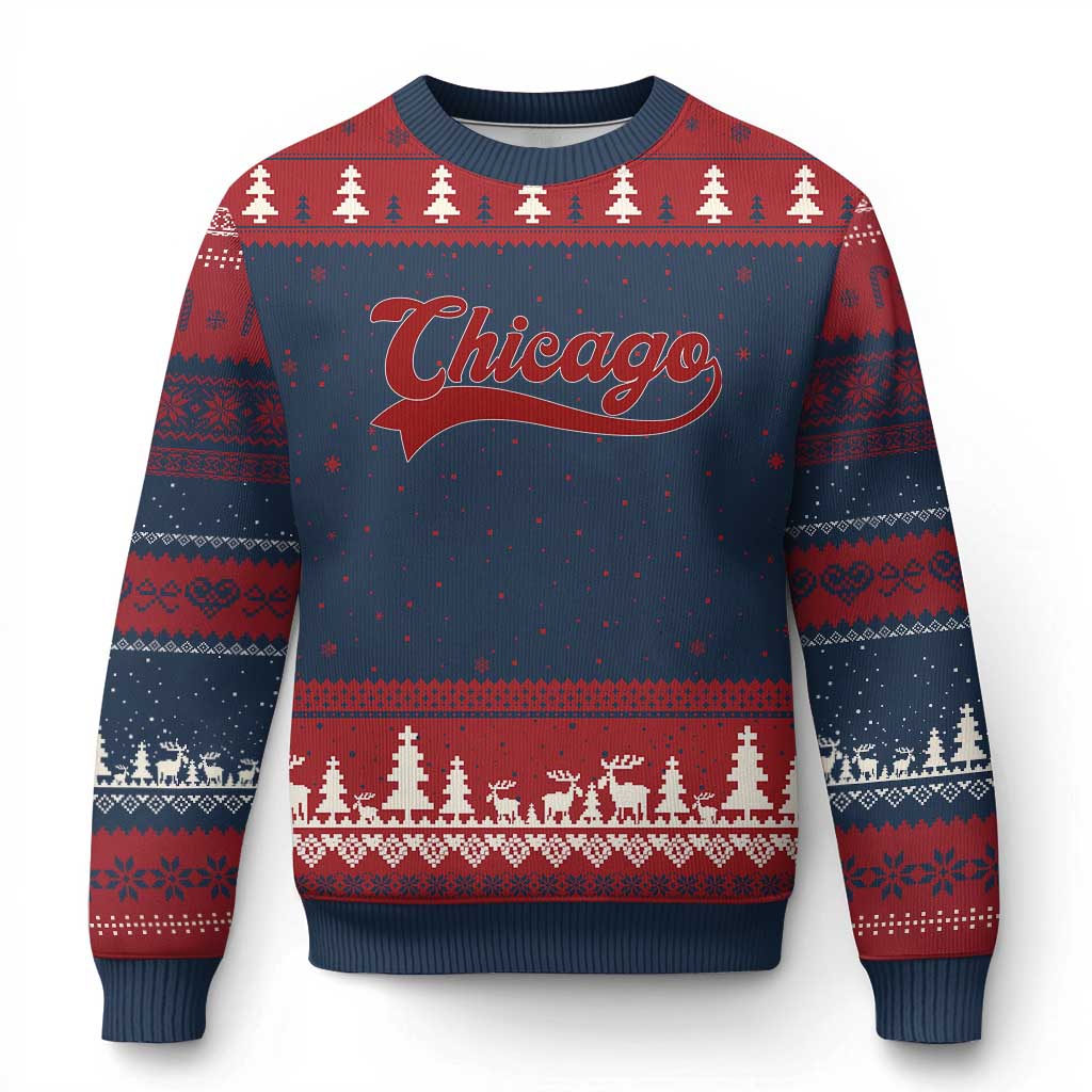 Retro Chicago Ugly Christmas Sweater Varsity Script Vintage Sports Jersey Style 80s 90s