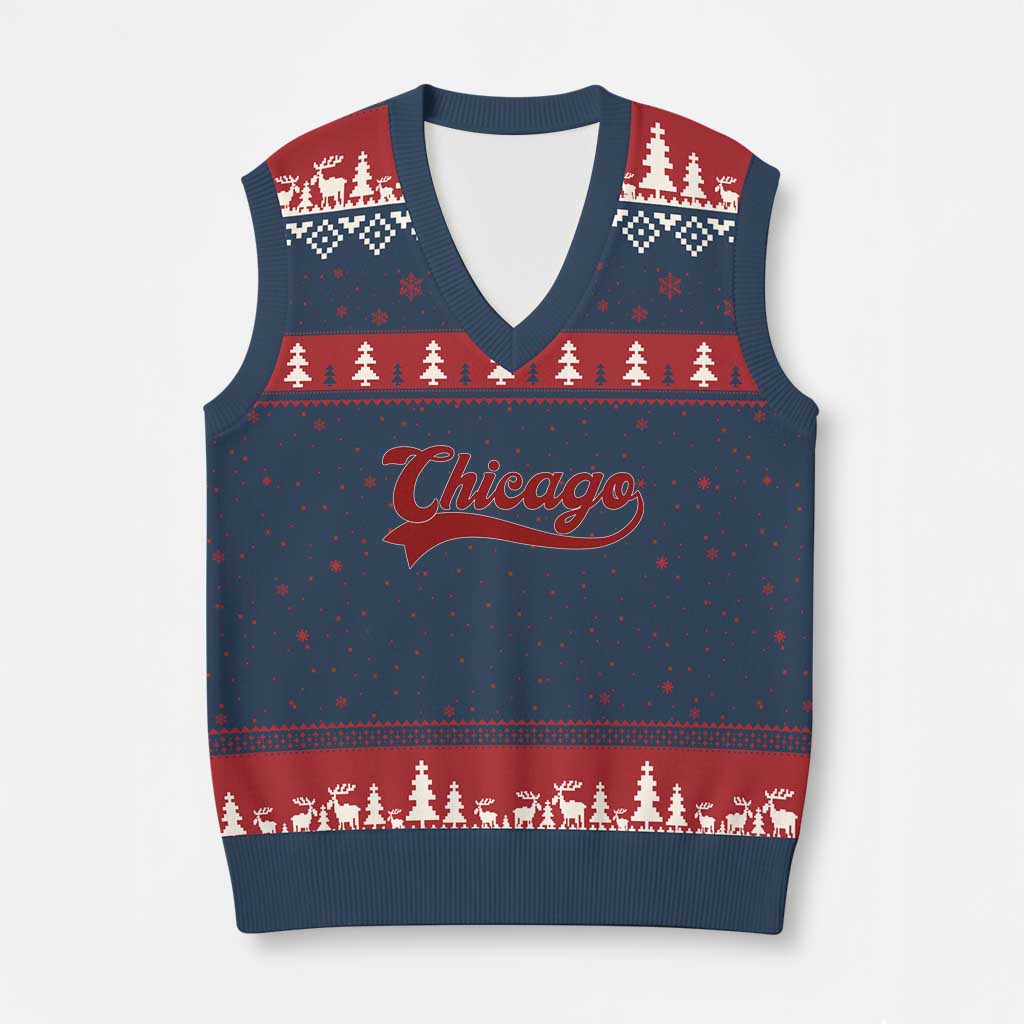 Retro Chicago V-Neck Knit Sweater Vest Varsity Script Vintage Sports Jersey Style 80s 90s