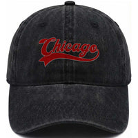 Retro Chicago Washed Cotton Baseball Cap Varsity Script Vintage Sports Jersey Style 80s 90s