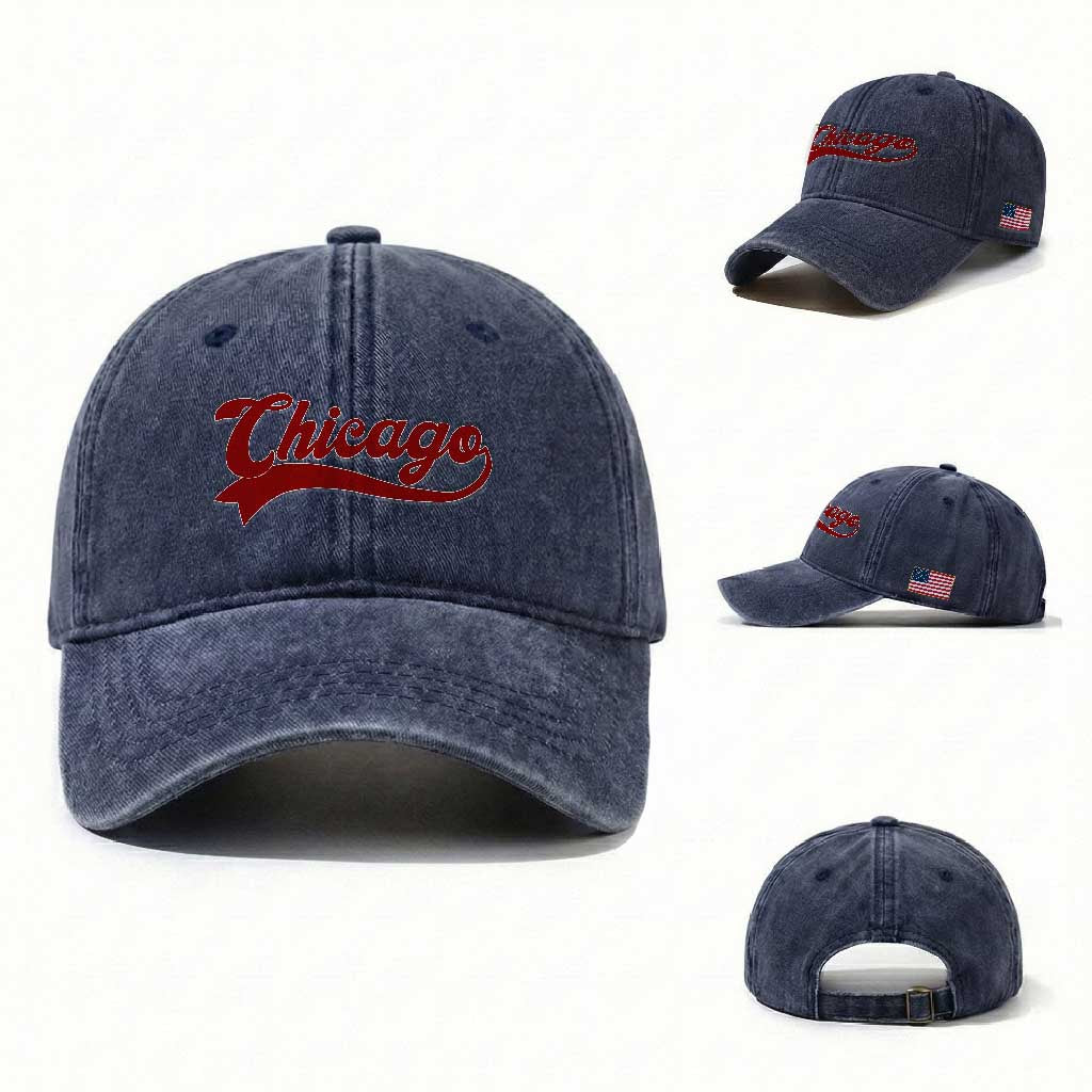 Retro Chicago Washed Cotton Baseball Cap Varsity Script Vintage Sports Jersey Style 80s 90s