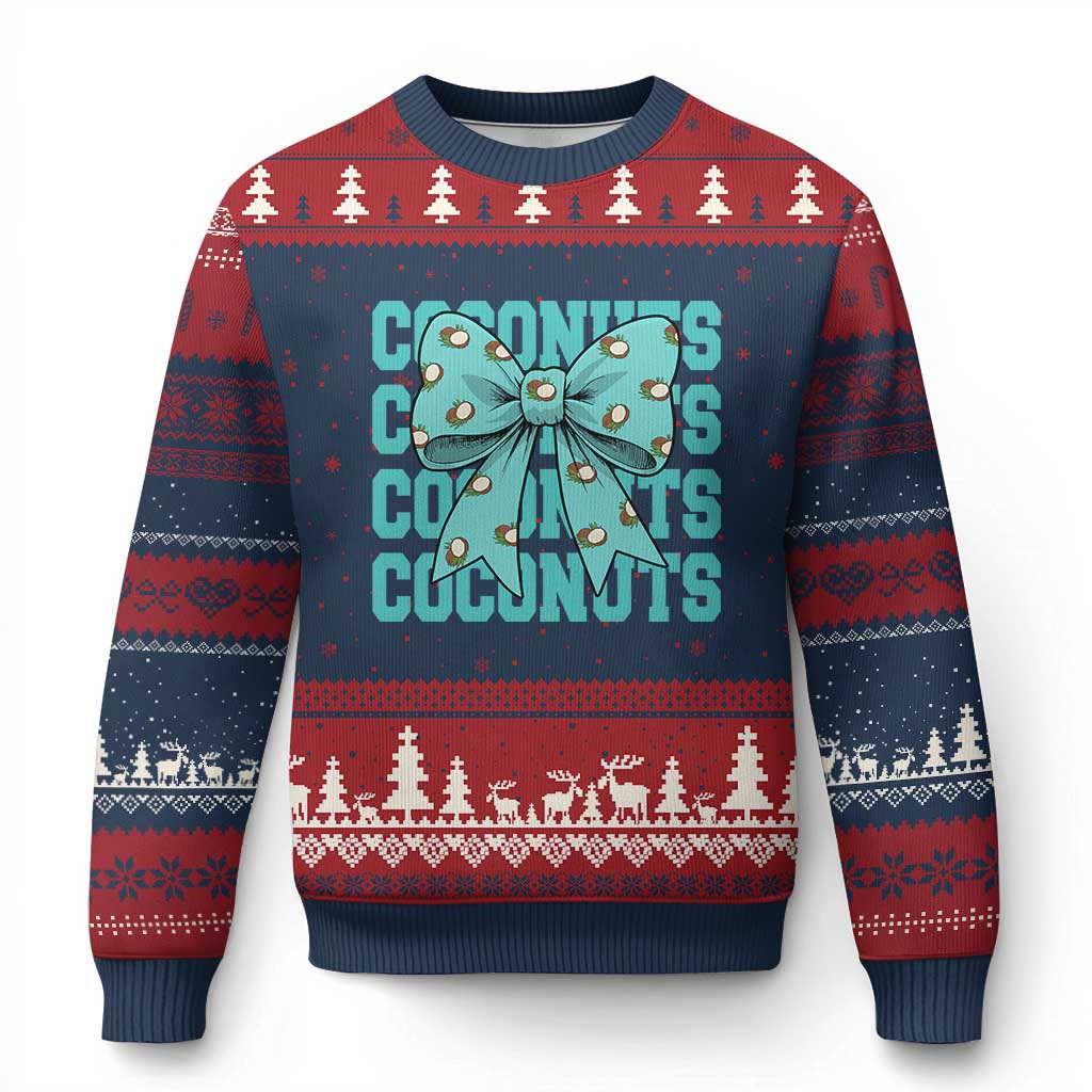 Retro Coconuts Coquette Bow Ugly Christmas Sweater Summer Beach Coconut Fruit Humor