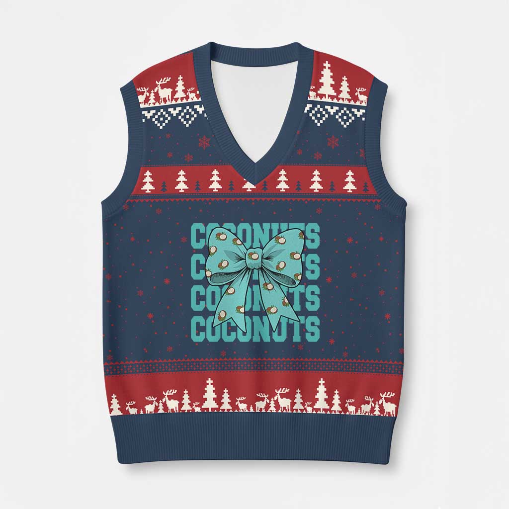 Retro Coconuts Coquette Bow V-Neck Knit Sweater Vest Summer Beach Coconut Fruit Humor